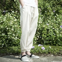 Бренд Харадзюку брюки длиной до щиколотки мужские льняные и хлопковые повседневные свободные однотонные брюки мужские брюки с эластичной талией мужские брюки