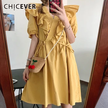 

CHICEVER Korean Patchwork Ruffle Dress Women V Neck Half Sleeve High Waist Tunic Lace Up Female Dresses 2020 Fashion Clothes New