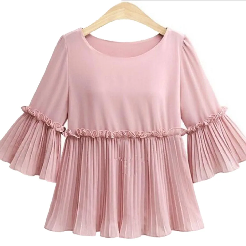 

5XL New Large Size Elegant Shirt Spring Fall Plus Size Spring Women Pleated Chiffon Shirt Flare Sleeve Blouse Vintage Top Female