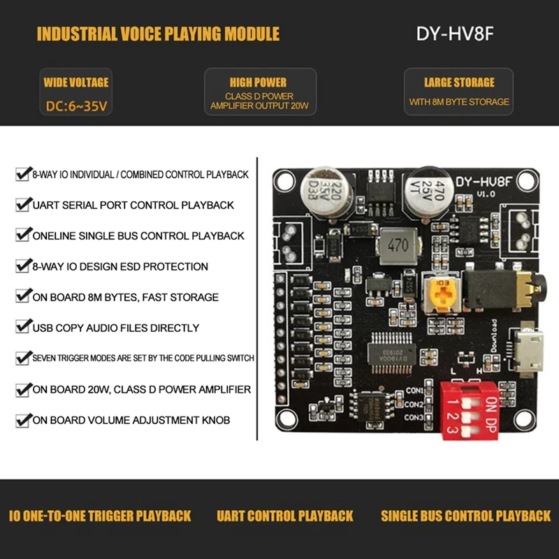 DY HV8F 12V/24V Trigger Serial Port Control 10W/20W голосовой модуль воспроизведения с флэш памятью