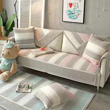 

Cotton Sofa Cover Stripe Patchwork Nordic Simple Sofa Towel Universal Non-slip Washable Cotton Lace Multifunctional Slipcover