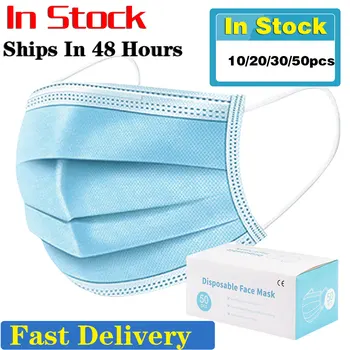 

10/30/50Pcs Disposable Mask Face Mouth Masks 3-Layer Filter Respirator Mask Non Woven Dustproof Earloops Safety Masks In Stock