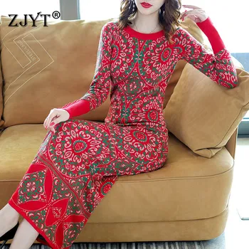 

Europe Fashion Fall Winter Dress 2019 Women Clothes Runway Designers Full Sleeve Vintage Print Knitting Long Sweater Dresses
