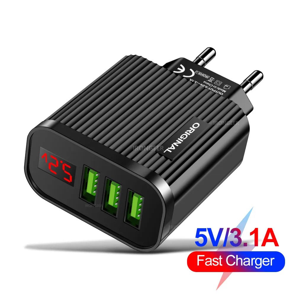 

5V 3.1A Digital Display USB Charger For iPhone Charger 3 USB Portable Fast Charging Wall Phone Charger For Samsung Xiaomi Tablet