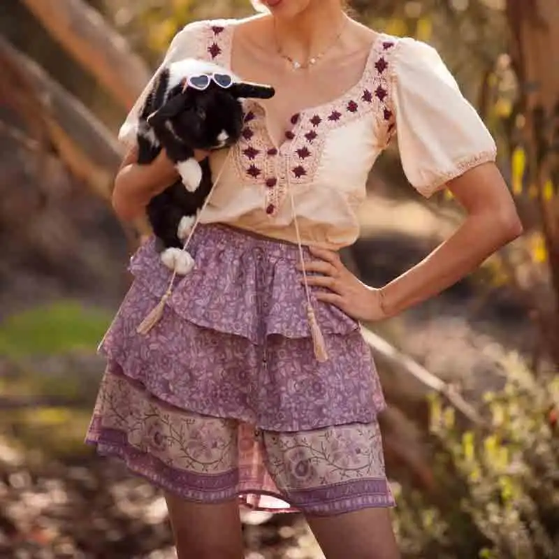 Boho Inspird Mulberry Цветочная мини-юбка эластичная талия шнурок веревка многоярусная юбка с оборками Женская Новинка Бохо юбка шикарная faldas