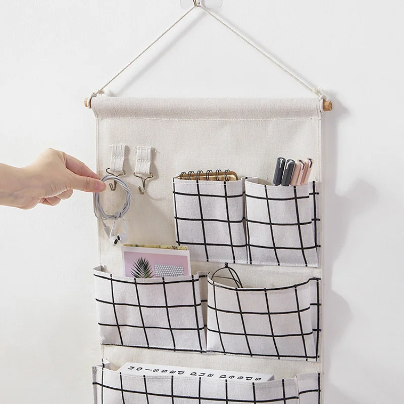 5 Pockets Cotton Linen Fabric Wall Door Hanging Bag Organizer Storage Pouches Wardrobe Closet Storage Bag Sundries Pouches