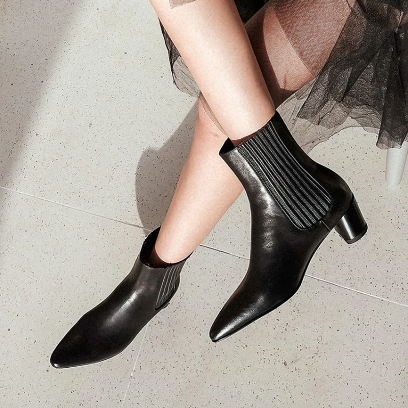 high heel black genuine leather pointed toe women ankle boots medium slip on chunky fall chelsea shoes custom designer block