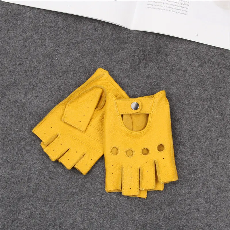 Мужские летние дышащие перчатки из натуральной кожи с полупальцами для вождения, мужские перчатки из овчины, Нескользящие Перчатки для фитнеса JT9006 - Цвет: Цвет: желтый