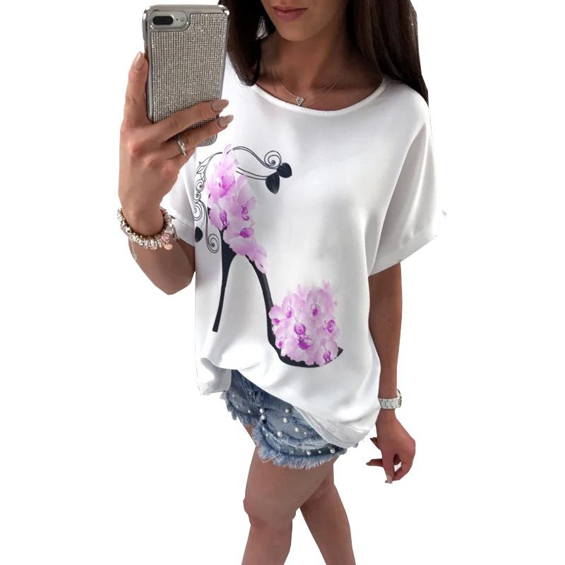 Блузка женская с коротким рукавом на высоком каблуке принтом|blouse tops shirt|loose
