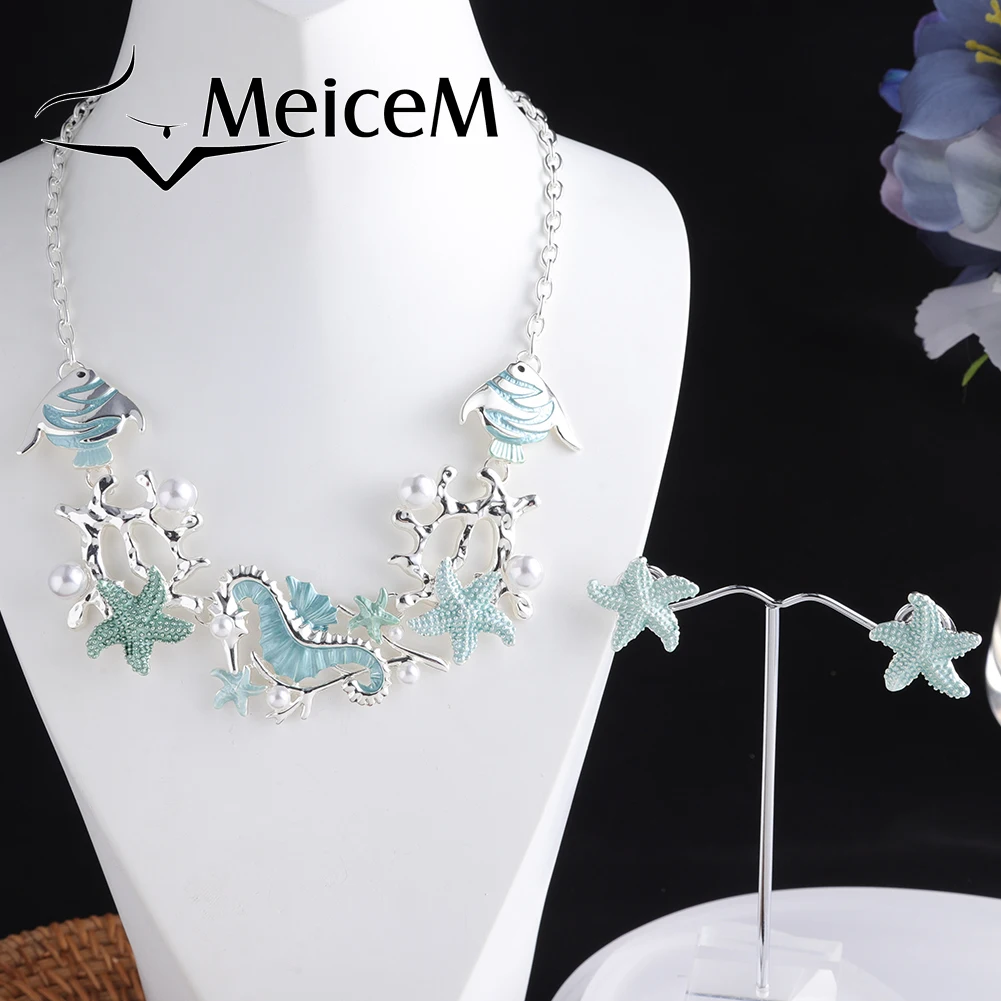 MeiceM 2021 새로운 여성의 보석 여자 오션 시리즈 쉘 불가사리 Hippocam 드롭 목걸이 에나멜 목걸이 여성 파티 선물 