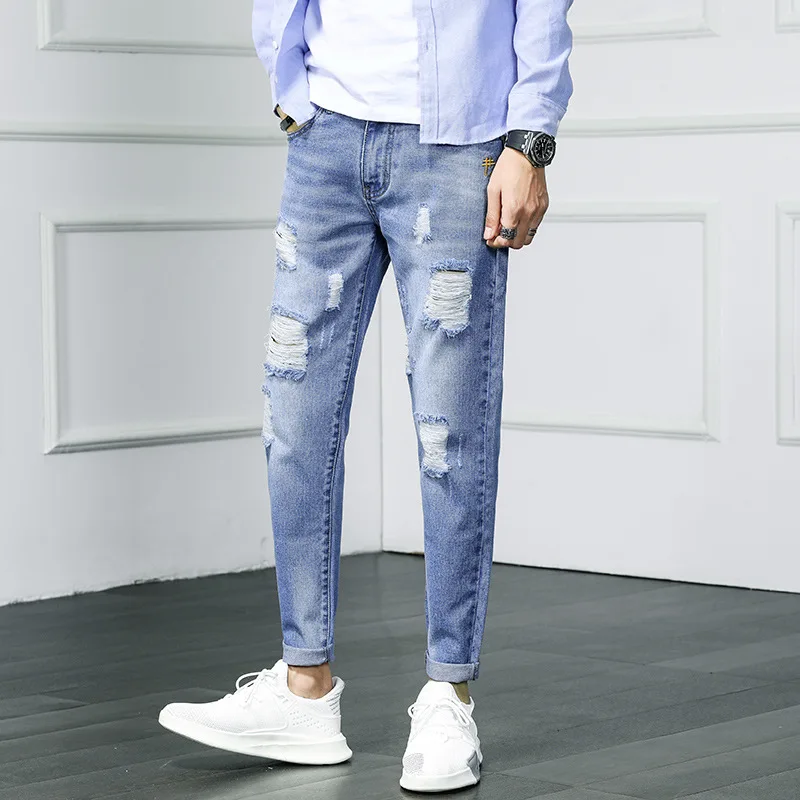Отверстие Свободная Длина по щиколотку Брендовые мужские джинсы однотонные модные джинсовые брюки тонкая мужская одежда большого размера