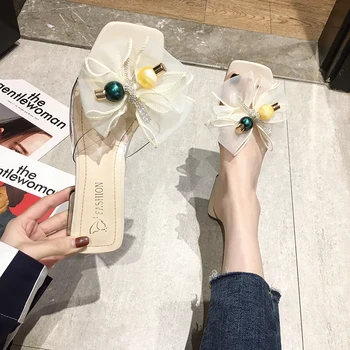 

Shoes Woman 2020 Woman's Slippers Luxury Slides Low Butterfly-knot New Summer Designer Soft Hoof Heels Fashion Rubber PU