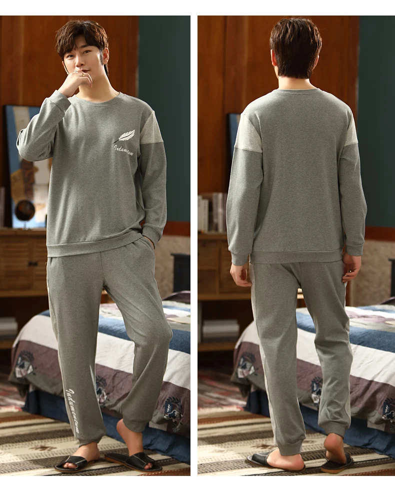 mens pajama shorts set Full Pure Cotton Pullover Long Sleeve Trousers Pajamas Sets Autumn Man Plus Size O-Neck Home Casual Sleepwear Nightwear Pyjamas mens cotton pajama sets