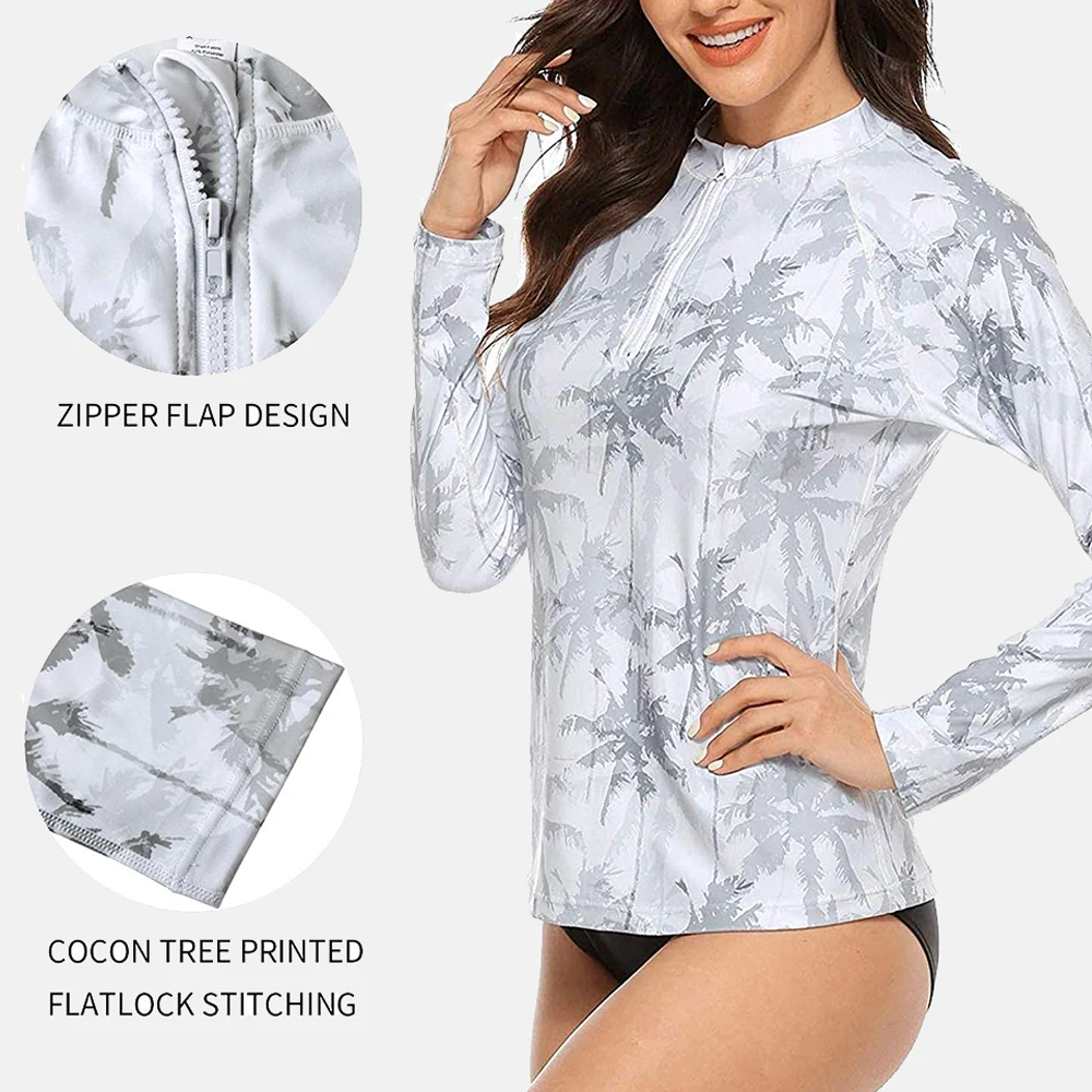 Charmleaks Women's Rashguard Top Long Sleeves Zip Front Swim Shirt Sun Protection UPF 50+ Floral Print