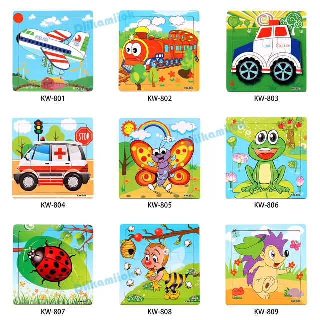 Sale 9 Pieces of Wooden Puzzle Cognition Animals and Vehicles Jigsaw Kindergarten Children Educational Toys Baby Wood Toy Gifts 6