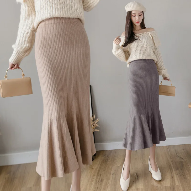 

Women's Knitted SkirtsWomen's Mid-LengthHigh-WaistedThinSexy Hip Skirt2020 New Autumn And Winter Ruffled Fishtail Skirt