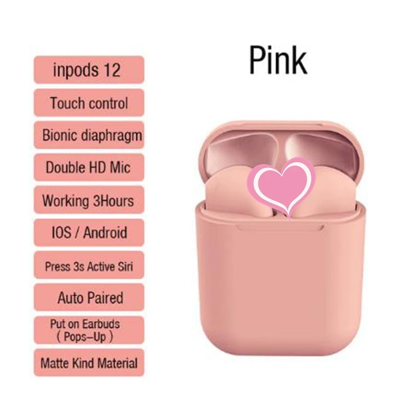 pink with box I12 TWS беспроводные Bluetooth наушники матовые цветные наушники свободные руки портативные спортивные наушники музыка для смартфона - Цвет: pink with box