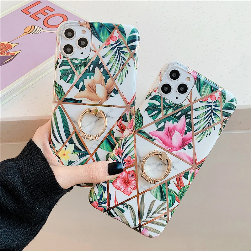 Luxury Flowers Phone Case for Iphone 11 Pro Max X Xsmax Xr Anti-knock Soft Silicon Case for Iphone 6 7 8Plus Cover With the Ring