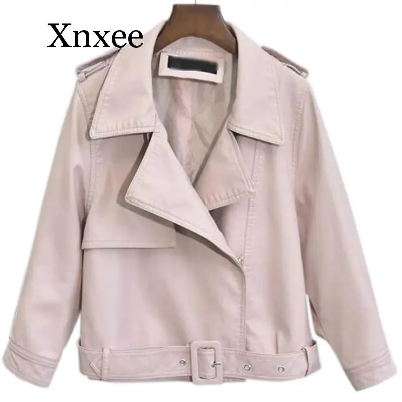 Women Leather Jacket Loose Long Sleeve Short Girls Beige Jackets Motorcycle Faux Leather PU Coat Streetwear Ladies Tops blue