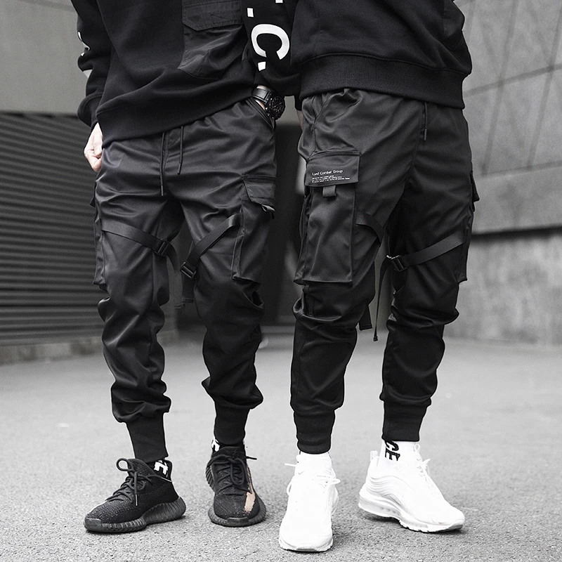 Мужские тренировочные брюки с лентами, цвет блока, черный карман, брюки карго шаровары, штаны для бега Harajuku, спортивные штаны, хип-хоп брюки, уличная одежда
