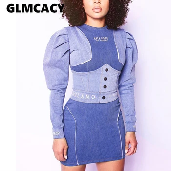 

Women Puff Sleeve Bodyocn Mini Blue Dress Slim Elegant Short Dress Classy Office Ladies Workwear Streetwear
