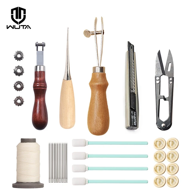 High Carbon Steel Leather Crafting Tools, with Wood, Leather Working Tools  Kit, for Stitching Punching Cutting Sewing Leather Craft Making, Stainless