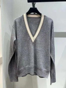 

2020 Summer College Wind Contrast V Collar Pullover Joker Knitting Shirt Top Female 21003