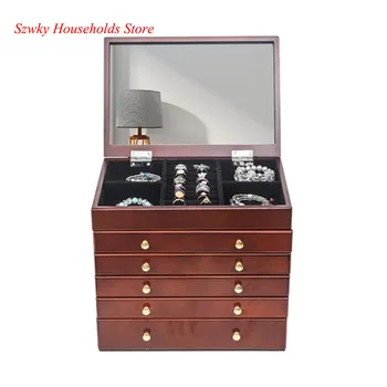 

Large Jewelry Organizer Wooden Storage Box 6 Layers Case with 5 Drawers Brown