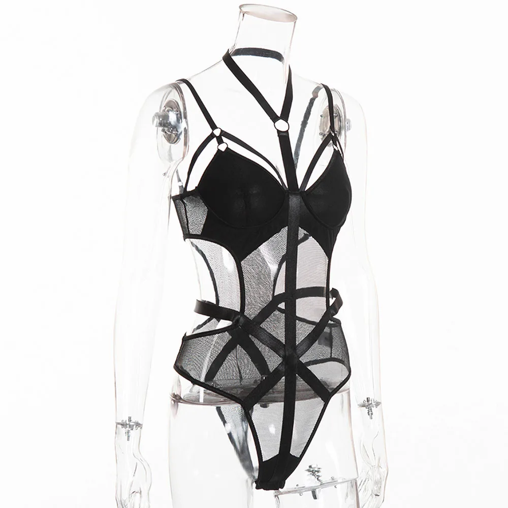 2020 Mesh Transparent Sexy Bodysuits Women Black Gothic Fashion Nightclub Overalls Skinny Body Suit Punk Hollow Bandage Rompers