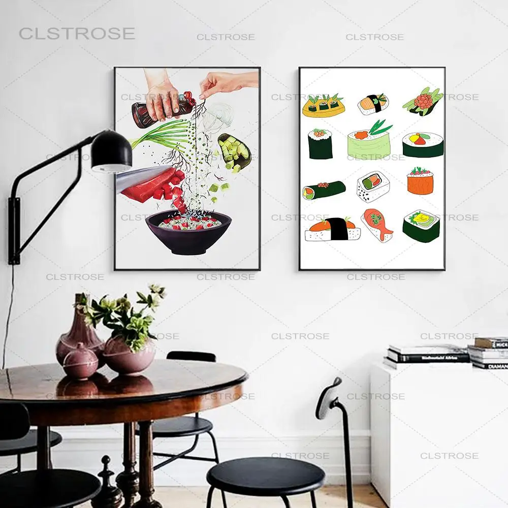 

Nordic Sushi Food Scandinavian Canvas Poster and Print Noodle Image Wall Art Canvas Painting for Kitchen Art Room Decor No Frame