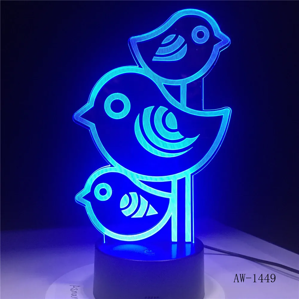 Креативная модель с тремя птицами, светодиодный 3D лампа, USB, цветная настольная лампа, детская спальня, ночник для дома, лампа для офиса, AW-1449