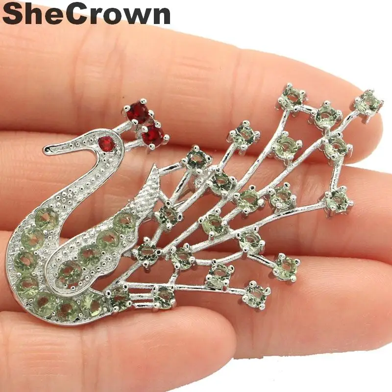 

58x33mm Long Big Heavy Created PeacockShape Green Amethyst Ruby CZ Gift Silver Brooch