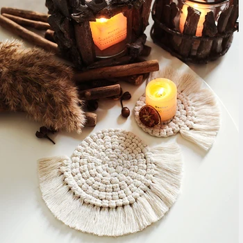 

Heat Insulation Bohemian Cup Mat Cotton Braid Macrame Non Slip Home Coffee Coasters Handmade Woven Dining Table Placemats Solid