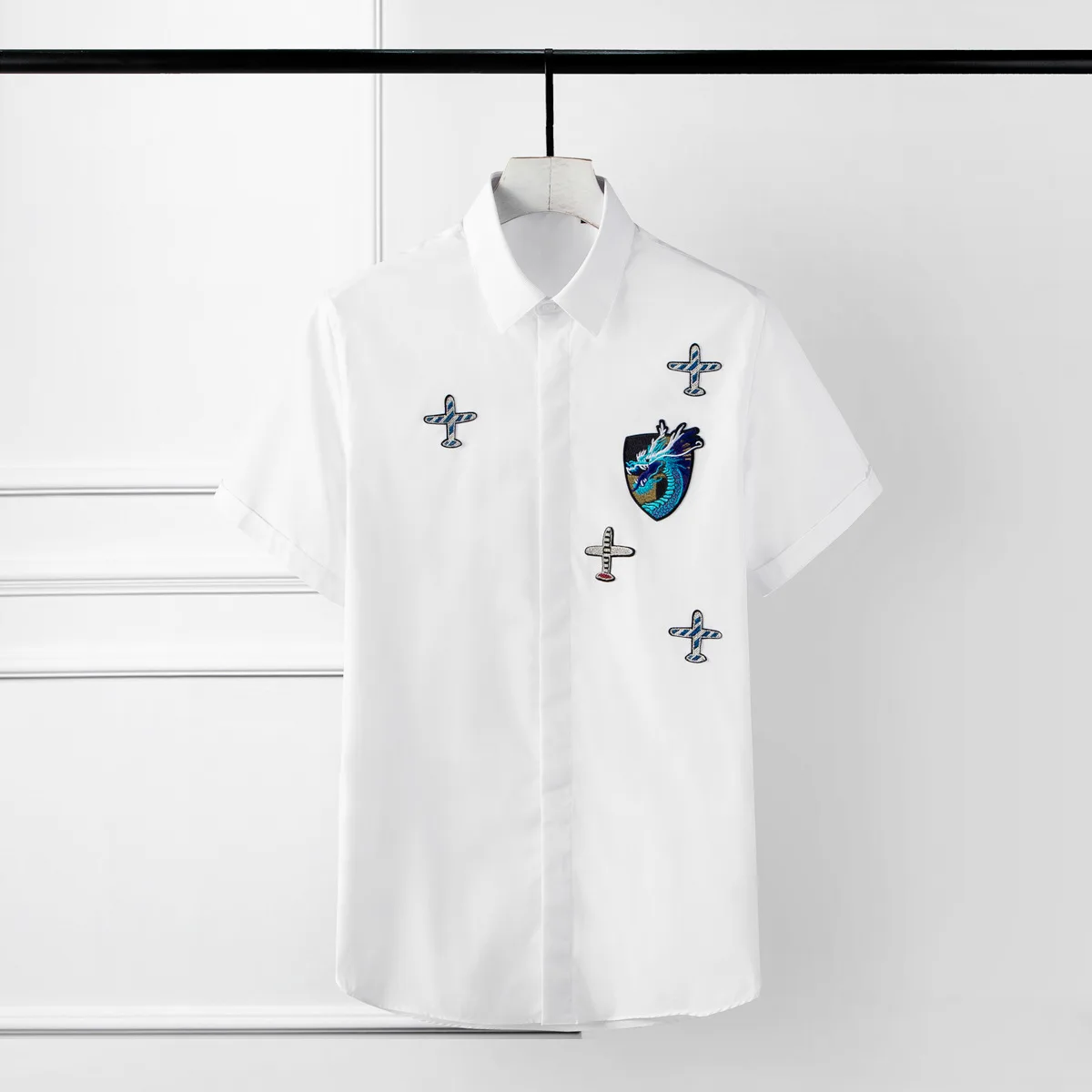 

Minglu Short Sleeve Mens Shirts Luxury Embroidered Badges On Airplane Heads Men Shirts Fashion Casual Slim Fit Shirt Man 4xl
