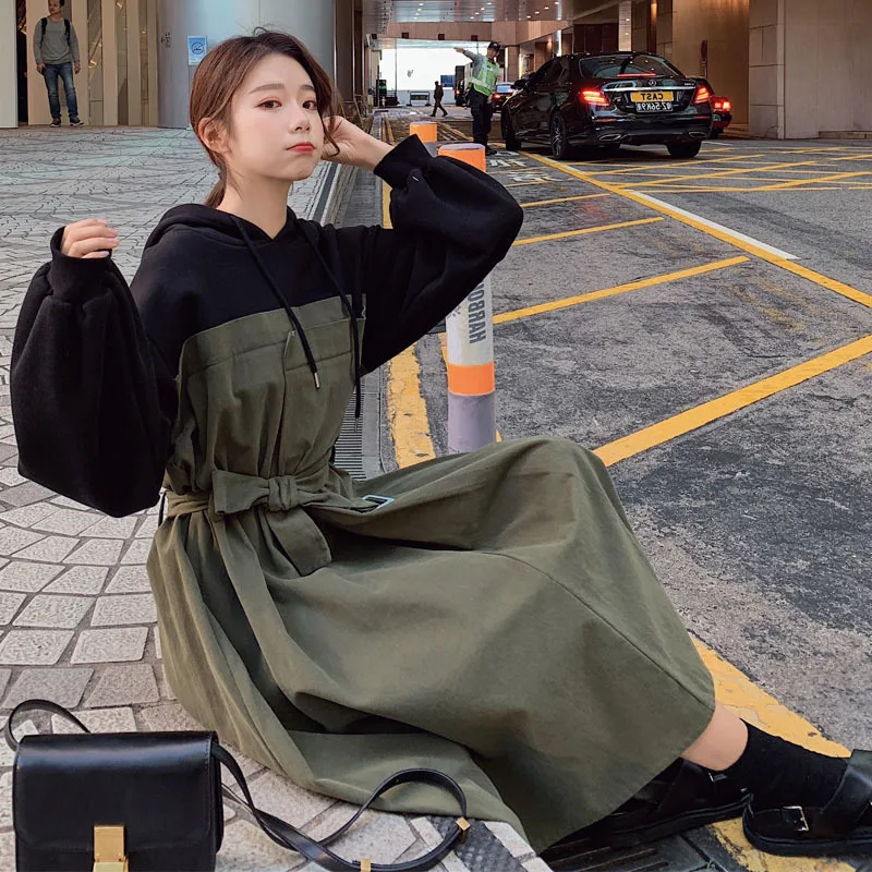 

Photo Shoot 2020 Early Spring Korean-style Loose-Fit New Style WOMEN'S Dress Joint Contrast Color Hooded Waist Hugging Dress Stu