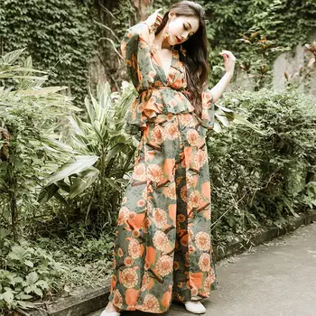 

Fashion Spring Women 2 Pieces Set Long Sleeve Sexy V-Neck Blouse Tops And Wide-leg Pants Suit Vintage Print Streetwear Set Lady