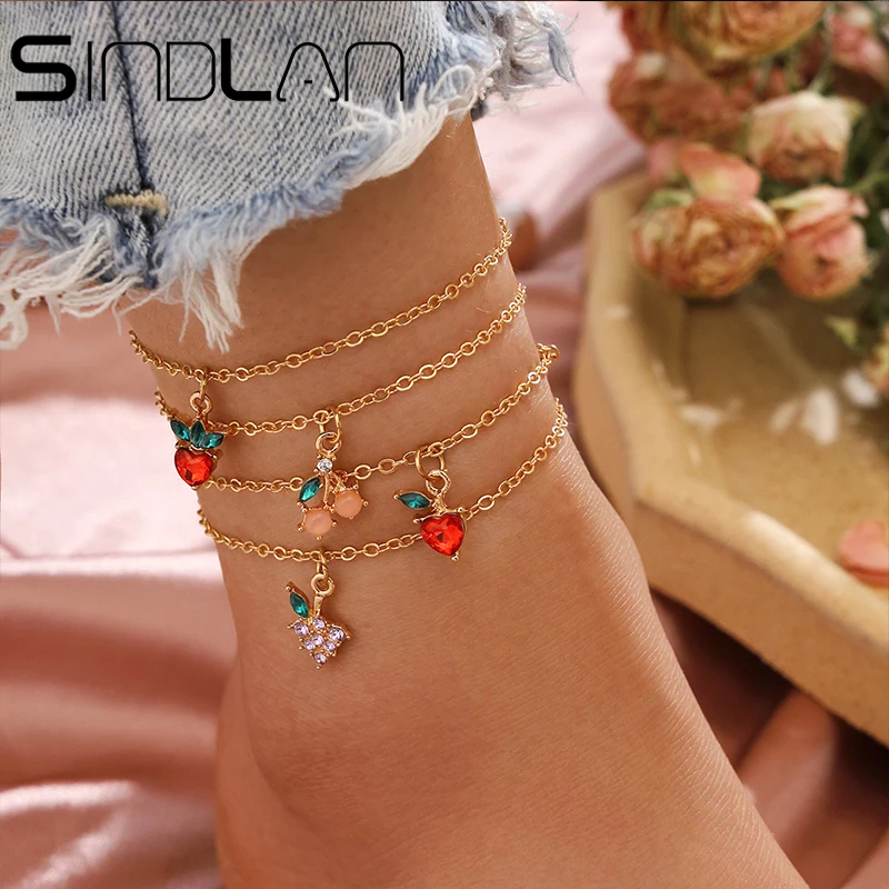 Sindlan 4PCS Gold Fruit Ankle Bracelets set for women Cute Fruit With Colorful Crystal Barefoot Summer Sandal Footwear Jewelry