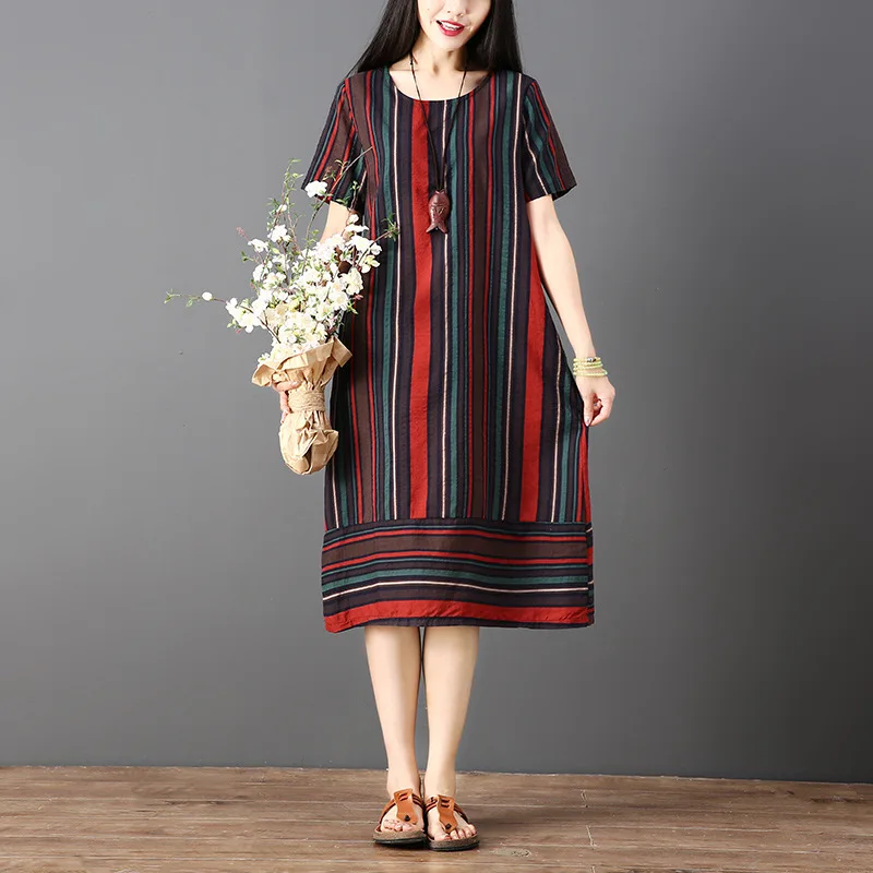 

2018 Summer New Style Ethnic-Style Cotton Linen Stripes Large Size WOMEN'S Short Sleeve Shirt Fat Mm Mid-length Loose-Fit Short-