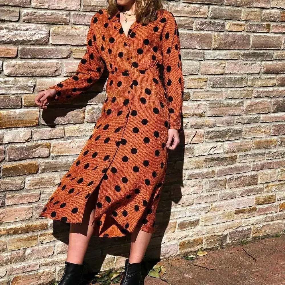Женское оранжевое платье в горошек с высокой талией Повседневное миди длинным