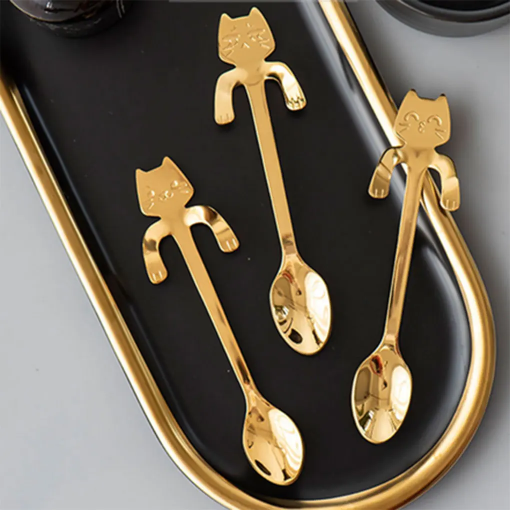 

Cute Cat Teaspoons Stainless Steel Cartoon Cat spoons Creative Ice Cream Dessert Long Handle Coffee&Tea Spoon Tableware Colors