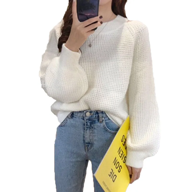 

Retro French Sweater Women's Lantern Sleeve Loose Hanging Neck White Sweater Acrylic Vintage Blue Pullovers Female Tops Lady