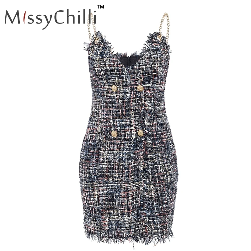 MissyChilli Tweed chain, Короткие вечерние платья для клуба, женское осеннее элегантное облегающее платье, женское сексуальное зимнее мини-платье с v-образным вырезом, vestido