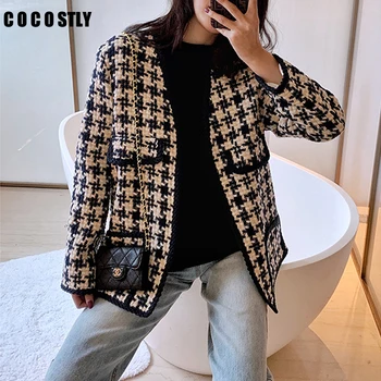 

Autumn Ladies Vintage Tweed Jacket Women Coat Houndstooth Jackets Long Sleeve Cardigan Outerwear Coat veste femme