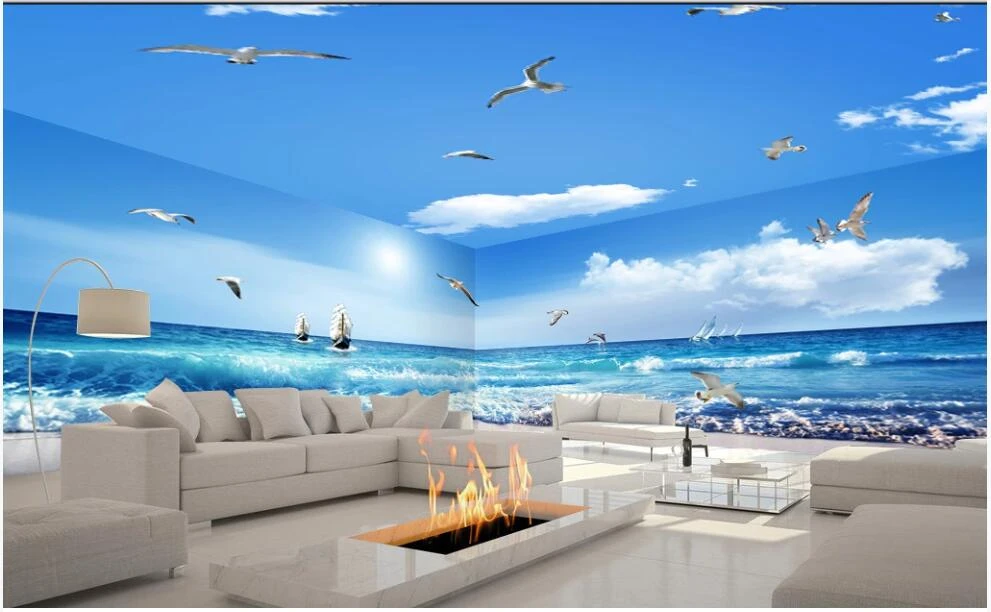 3d壁紙カスタム写真壁画海カモメ青空白雲全体家の壁の装飾の部屋の壁紙3 D 壁紙 Aliexpress
