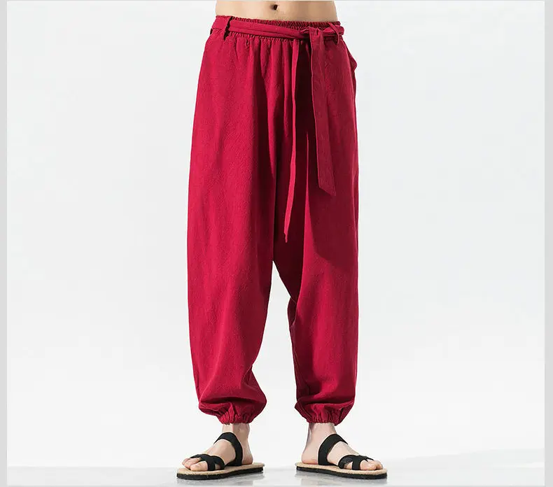 Новые Красивые Летние широкие брюки, мужские хлопковые льняные брюки, мужские красные штаны в китайском стиле, шаровары, мужские брюки, Pantalon Hombre