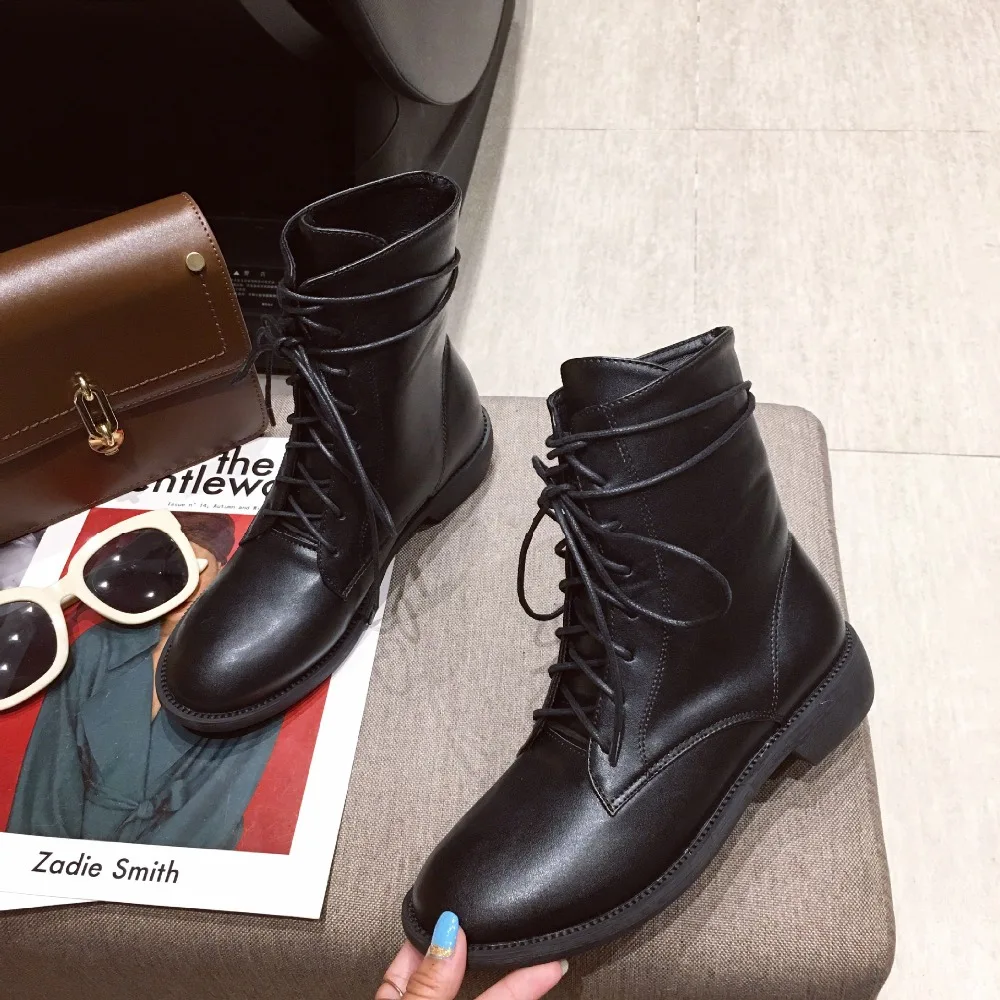 Flat Heel Round Toe Lady Boots Women Shoes Autumn Luxury Designer Winter Footwear Boots-women Lace Up Low Heels booties Ladies