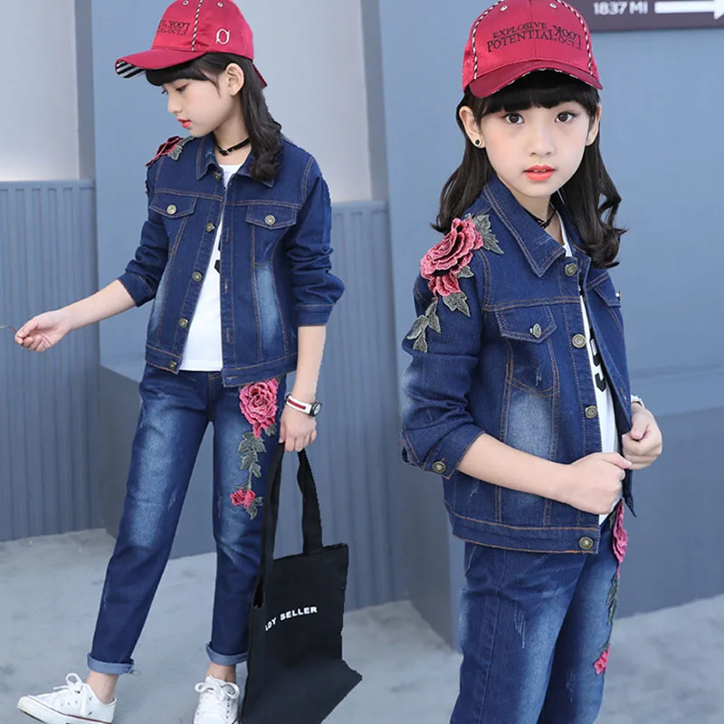 Осенняя джинсовая детская одежда для девочек, куртка со стрекозой+ джинсы, зимняя детская одежда, подростковая одежда для девочек 6, 8, 12 лет - Цвет: As Picture