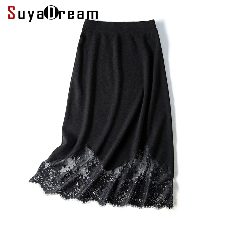 SuyaDream Женская шерстяная Зимняя юбка 50% шерсть черная длинная трапециевидная