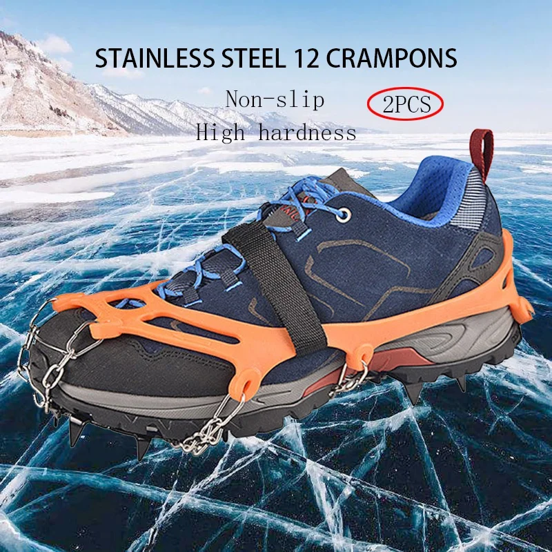 2PCS Ice Cleats Crampons Traction Snow Grips For Boots Shoes Anti Slip 12-Spikes Safe Protect For Hiking Climbing Mountaineering