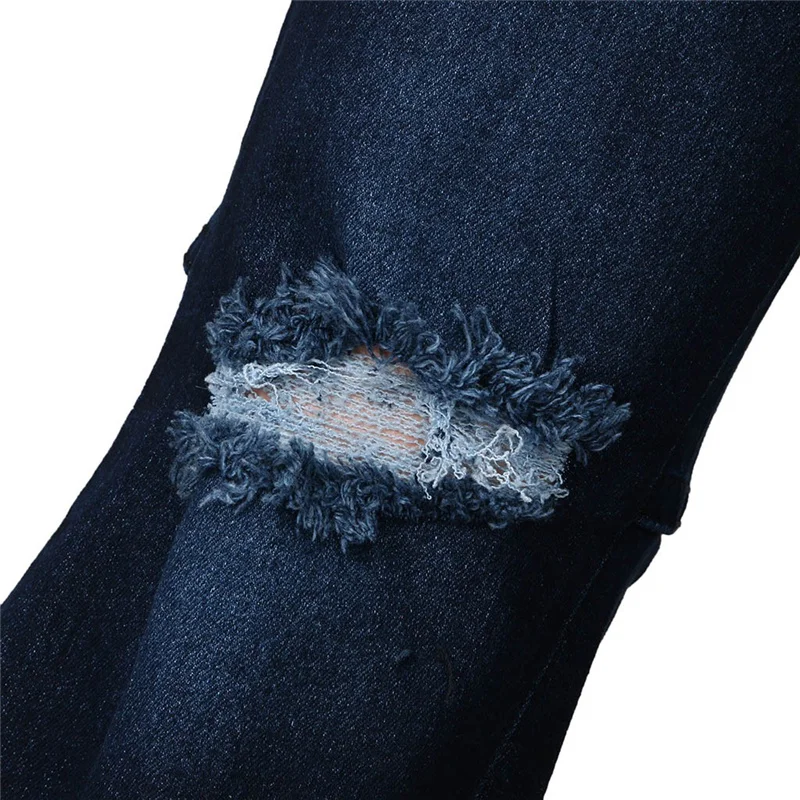 Женские джинсовые брюки с дырками, брюки-клеш, темно-синие женские зимние джинсы с высокой талией, джинсы с эластичным поясом и карманами, одноцветные джинсы для женщин